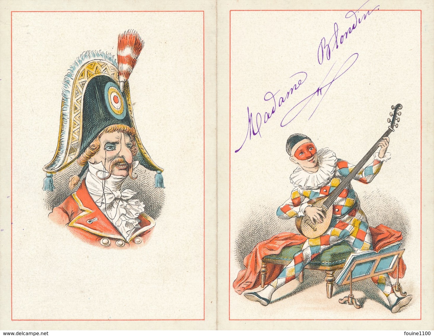 Carte à 2 Volets Arlequin / Polichinelle MENU Casa Mare 28 Février 1892 ( Recto Verso ) - Menus