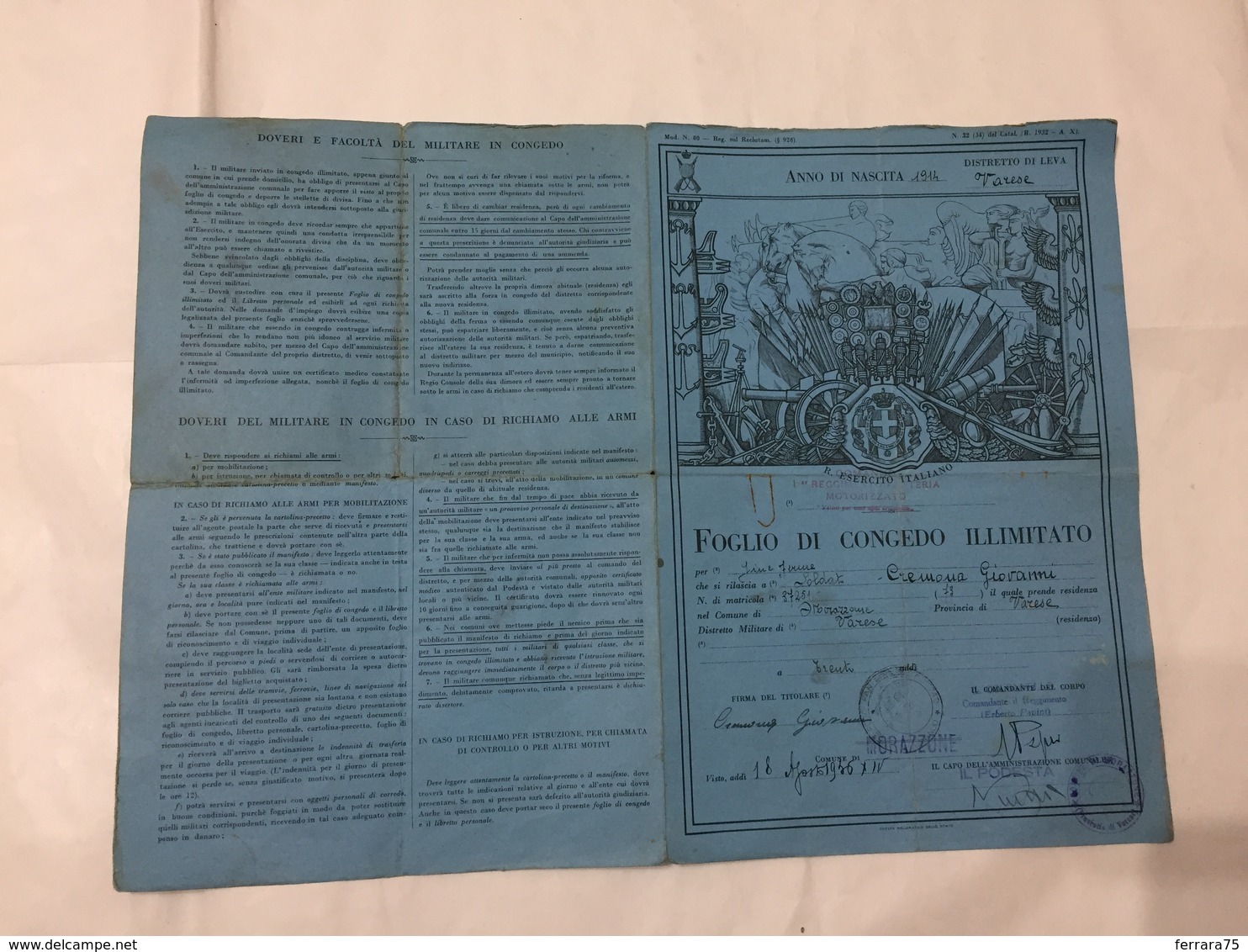 FOGLIO DI CONGEDO 115° REGGIMENTO FANTERIA MOTORIZZATO MORAZZONE VARESE 1936 - Diplomi E Pagelle