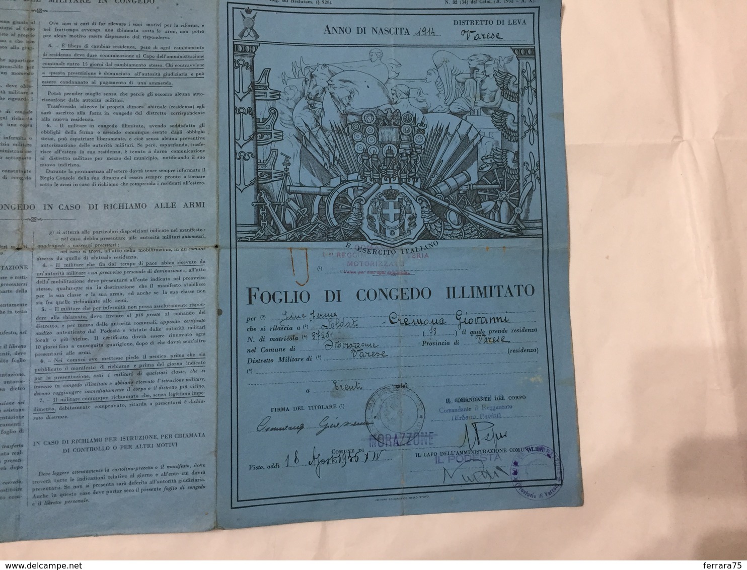 FOGLIO DI CONGEDO 115° REGGIMENTO FANTERIA MOTORIZZATO MORAZZONE VARESE 1936 - Diplomi E Pagelle