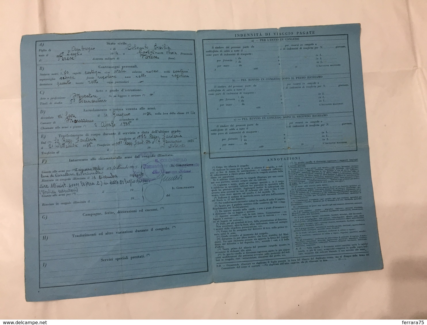 FOGLIO DI CONGEDO 115° REGGIMENTO FANTERIA MOTORIZZATO MORAZZONE VARESE 1936 - Diplomi E Pagelle