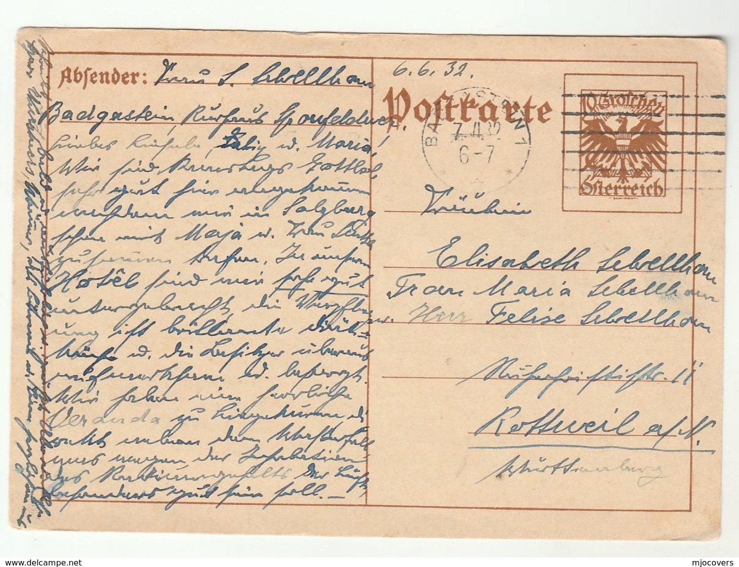 1932 Bad Gastein? AUSTRIA Postal STATIONERY CARD Cover Stamps - Covers & Documents