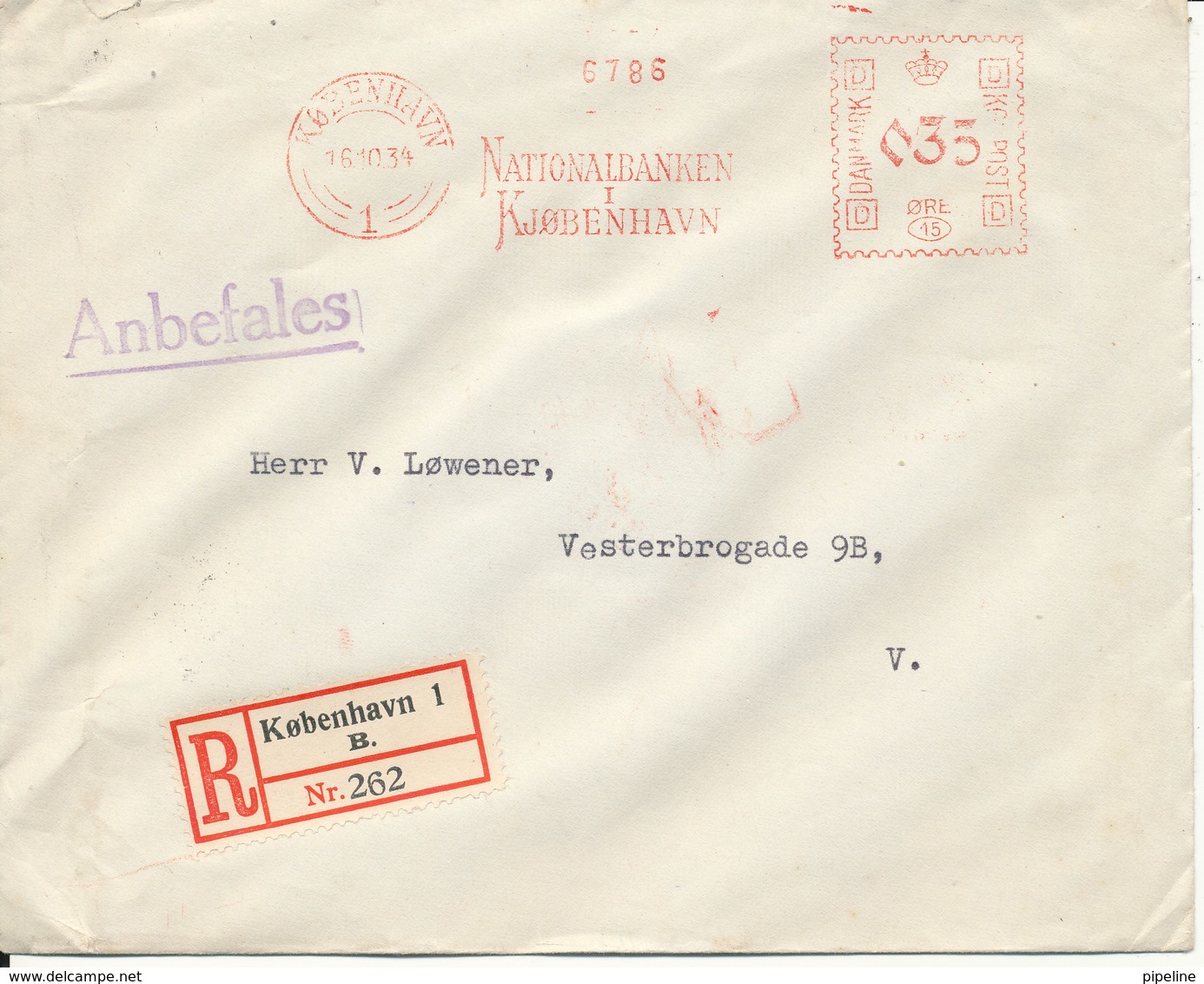 Denmark Registered Bank Cover With Meter Cancel Copenhagen 16-10-1934 (Nationalbanken Kjöbenhavn) - Covers & Documents