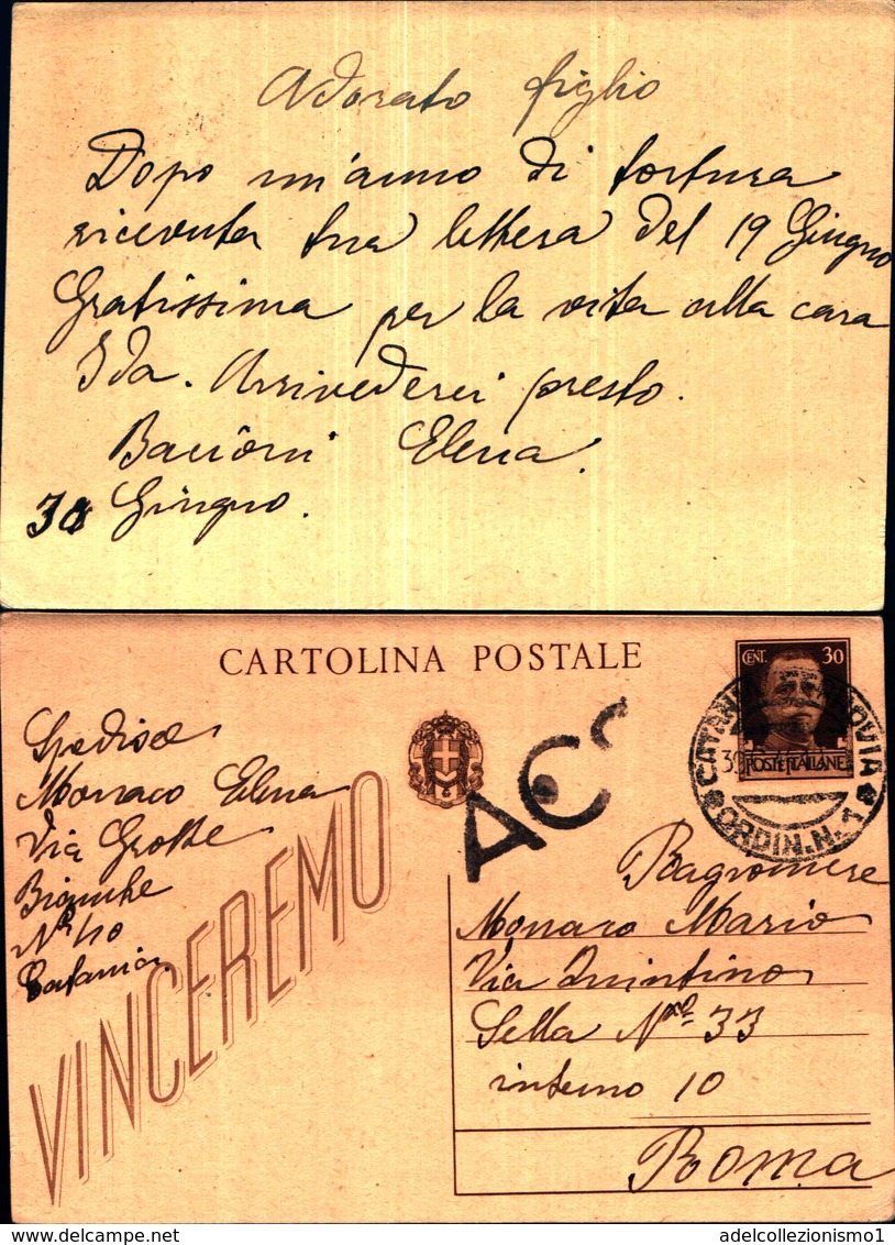 91438) 1NTERO POSTALE DA 30C. IMPERIALE DA CATANIA A ROMA IL  30-6-1945 BOLLO ACS - Storia Postale