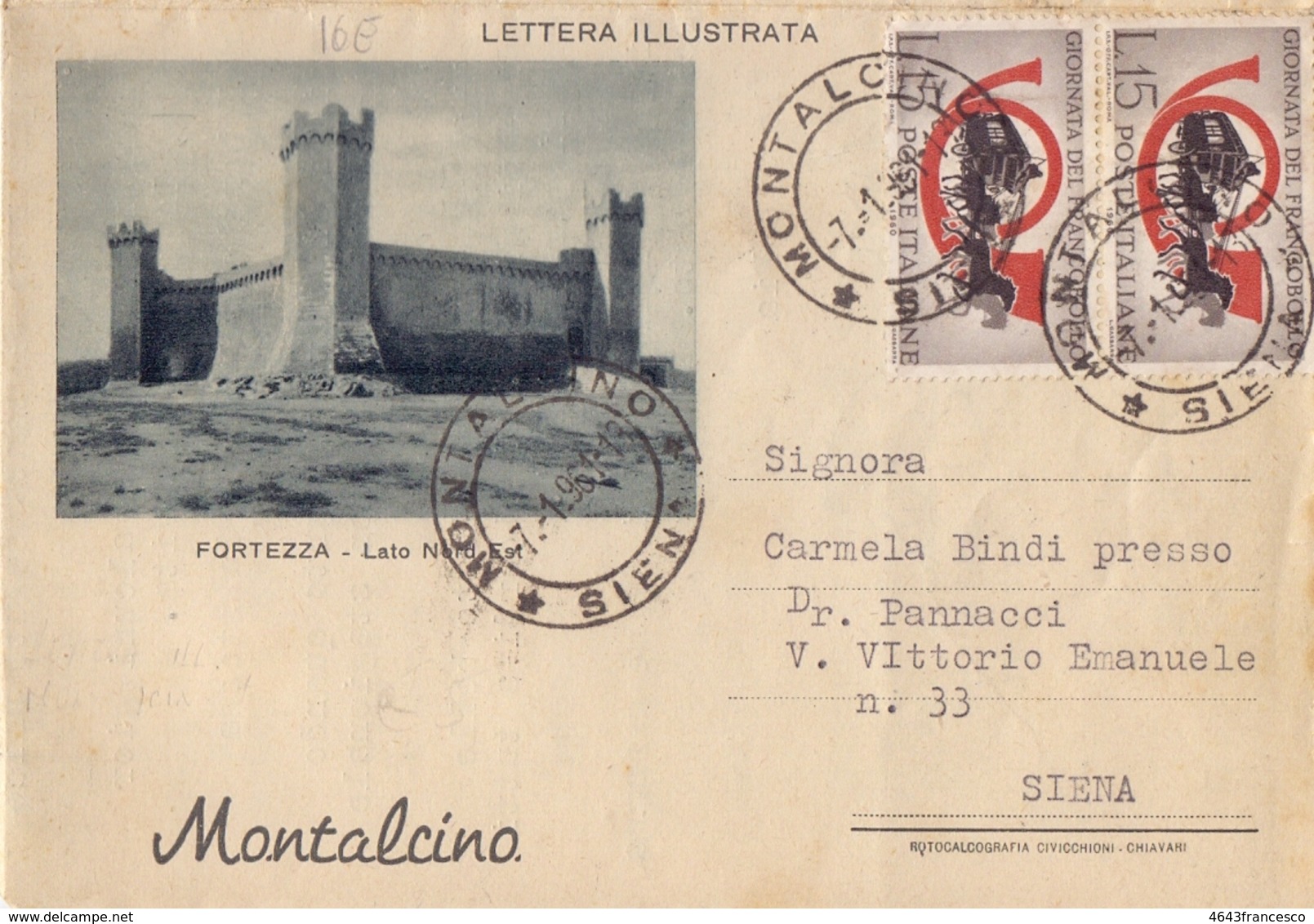 1961 Lettera Illustrata Da Montalcino Per Siena  024 - 1946-60: Storia Postale