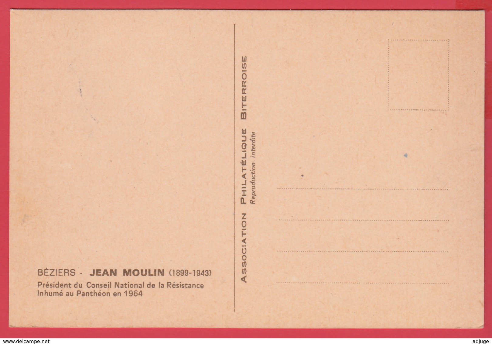 JOURNÉE Du TIMBRE - BÉZIERS -Jean MOULIN , Fils De Béziers- PANTHÉON - 21 Mai 1981* 2 SCANS - Timbres (représentations)