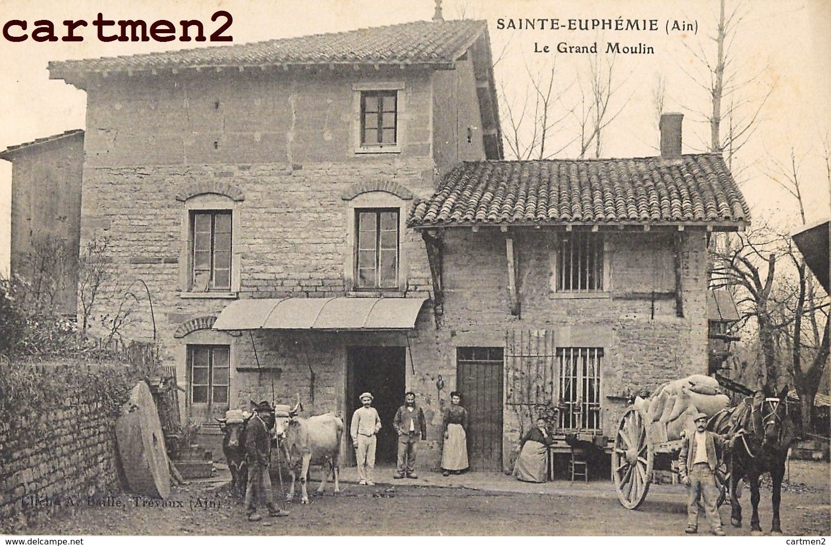 RARE CPA : SAINTE-EUPHEMIE LE GRAND MOULIN ANIME FERME ATTELAGE 01 AIN - Non Classés