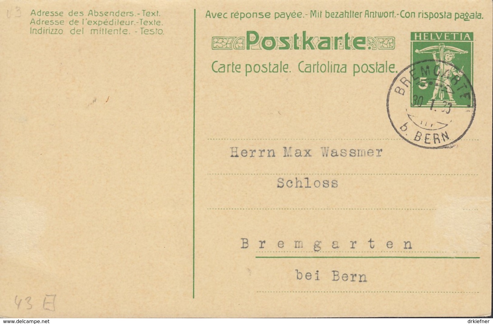 SCHWEIZ  MiNr. P  40 F Mit Stempel: Bremgarten 30.I.1933 - Entiers Postaux