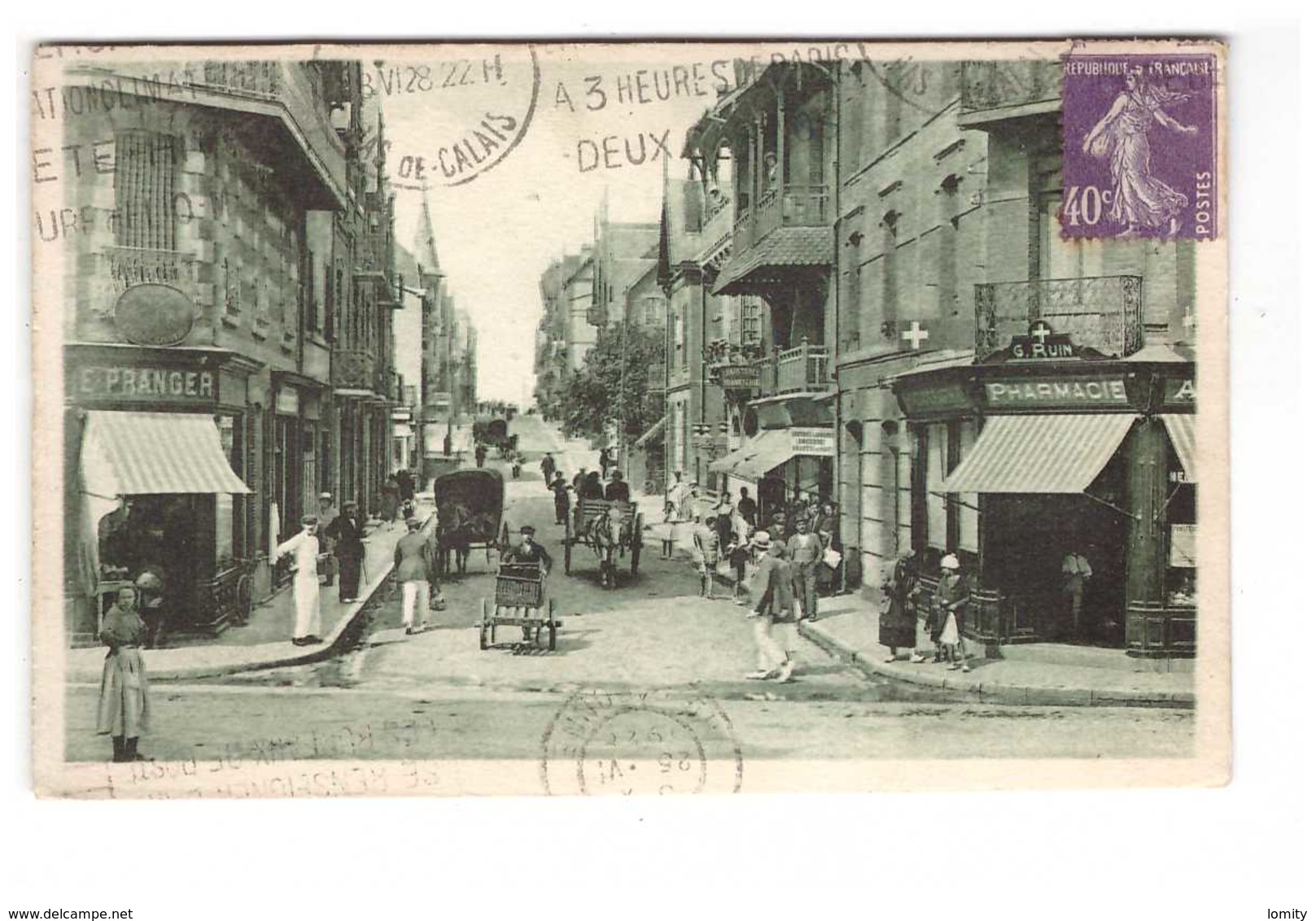 62 Berck Plage Rue De La Mer Cpa Carte Animée Pharmacie Pharmacien Ruin Oblitération Mecanique 1928 - Berck