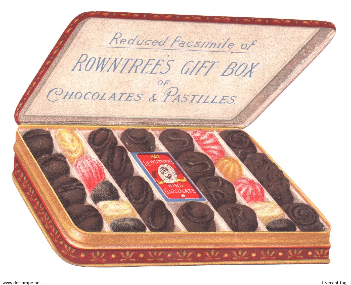 Trade Card Rowntree's Gift Box. The Chocolates Appear On The Lid. Alzando Il Coperchio Compaiono I Cioccolatini. - Autres & Non Classés