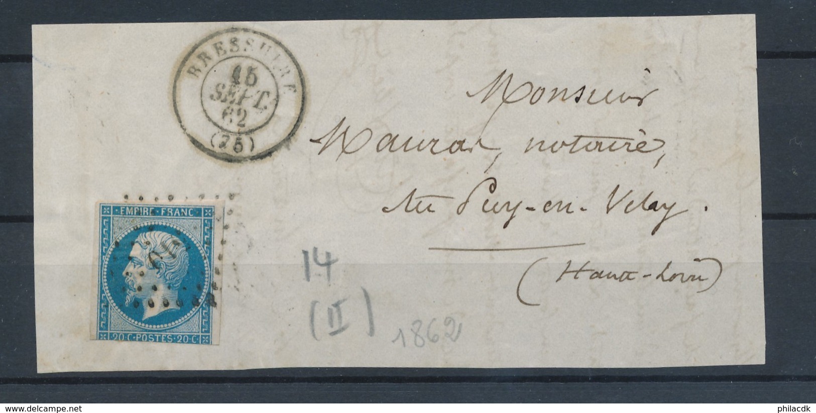 FRANCE - N°YT 14B OBLITERE SUR DEVANT DE LETTRE PC 510 BRESSUIRE FINISTERE CAD DU 15/9/1862 - 1853-1860 Napoleone III