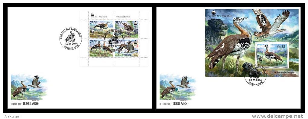 TOGO 2014 - WWF, Neotis Denhami M/S + S/S, 2 FDC. Official Issue - FDC