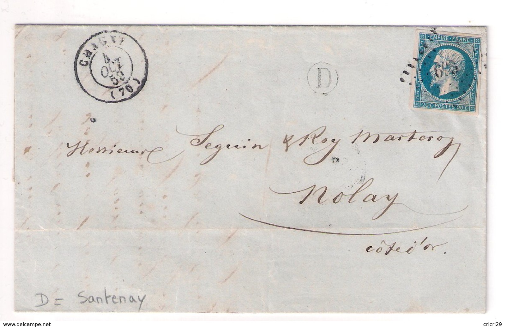 CHAGNY : Lettre De 1859 : Boite Rurale  D " Santenay " (  Identifiée ) : Saône Et Loire - 1849-1876: Période Classique