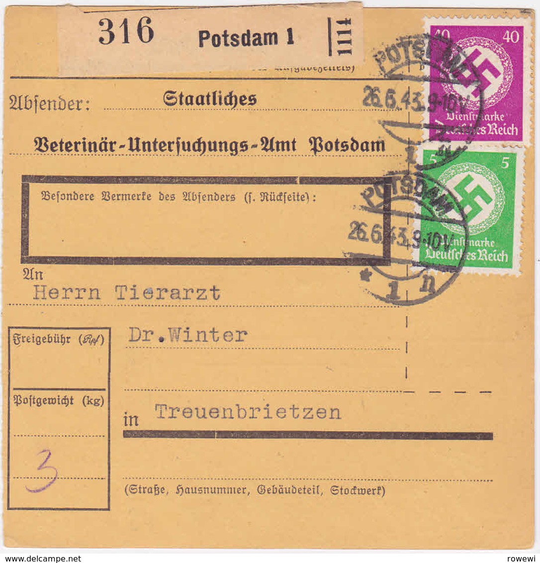 Dt. Reich Dienst, Paketkarte Von Potsdam Nach Treuenbrietzen Mit Stempel V. 26.6.43 (R960) - Briefe U. Dokumente