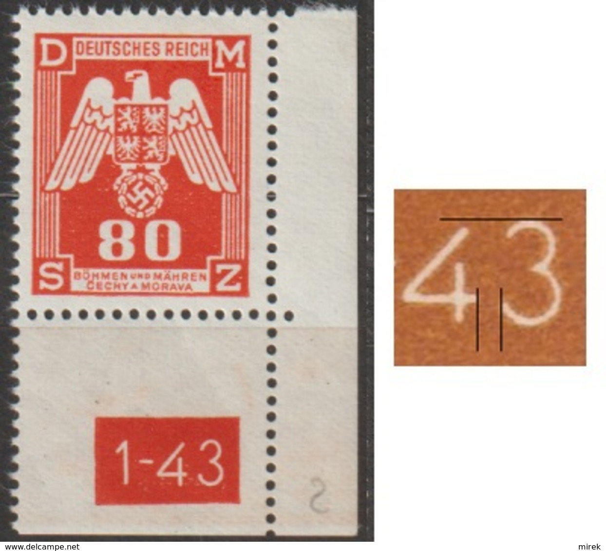 82/ Bohemia & Moravia - Service Stamps; ** Nr. SL 17; Corner Stamp, 2nd Issue, Printing Plate 2, Number 1-43 - Unused Stamps