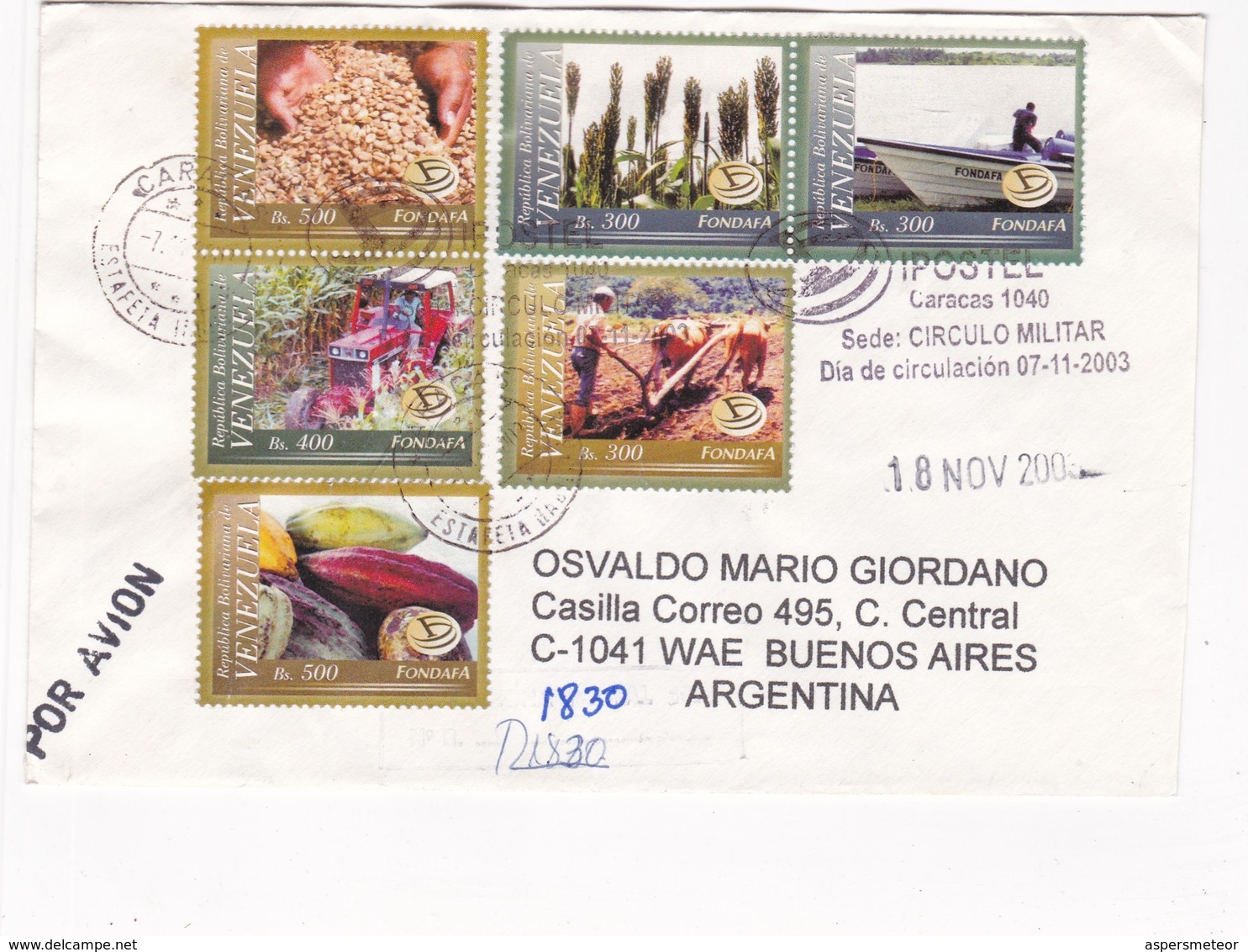 ENVELOPPE CIRCULEE 2003 VENEZUELA TO ARGENTINA MIXED STAMPS AUTRES MARQUES FDC PAR AVION RECOMMANDE - BLEUP - Venezuela