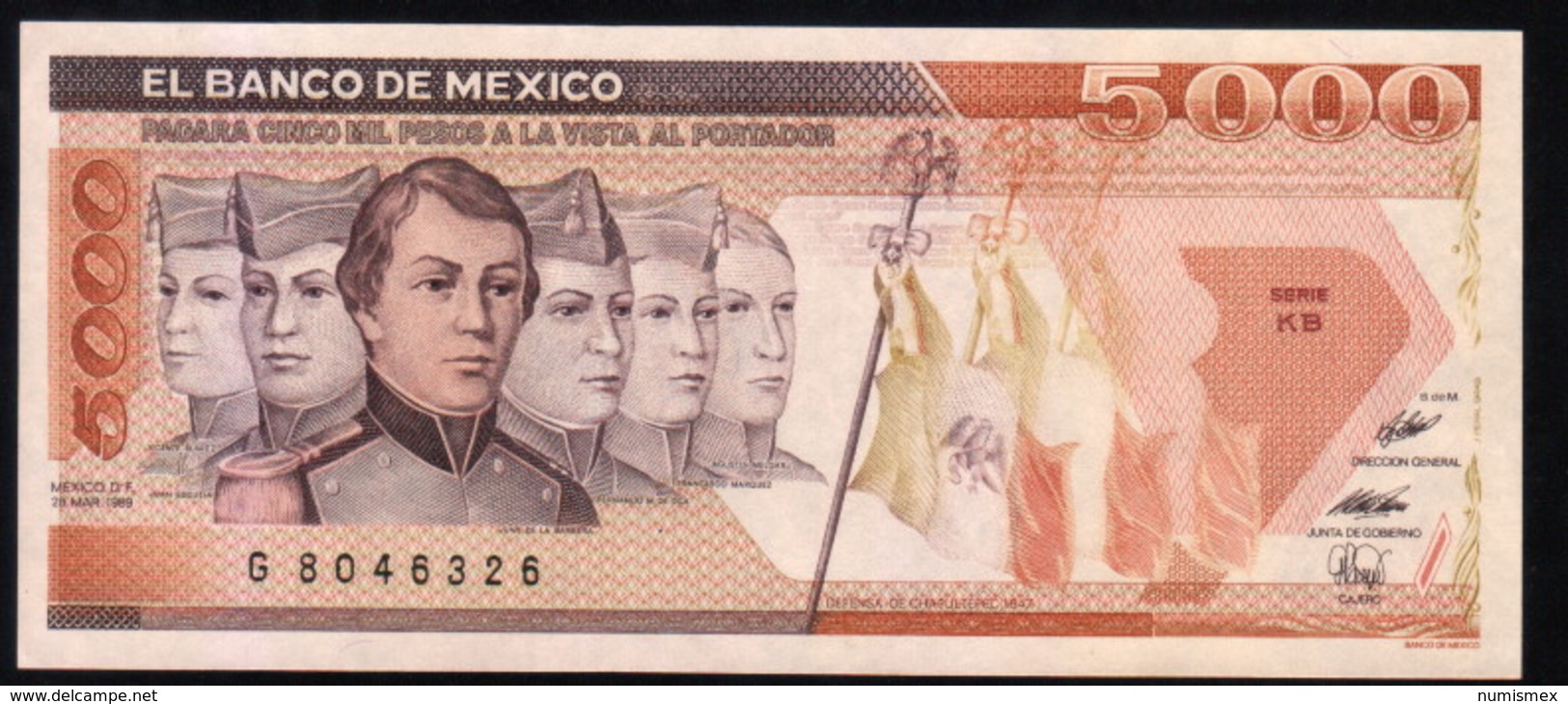 MEXICO 5000 Pesos 28/03/1989 (Heroic Cadets) Series KB G8046326 Pick-88c, UNC - Messico