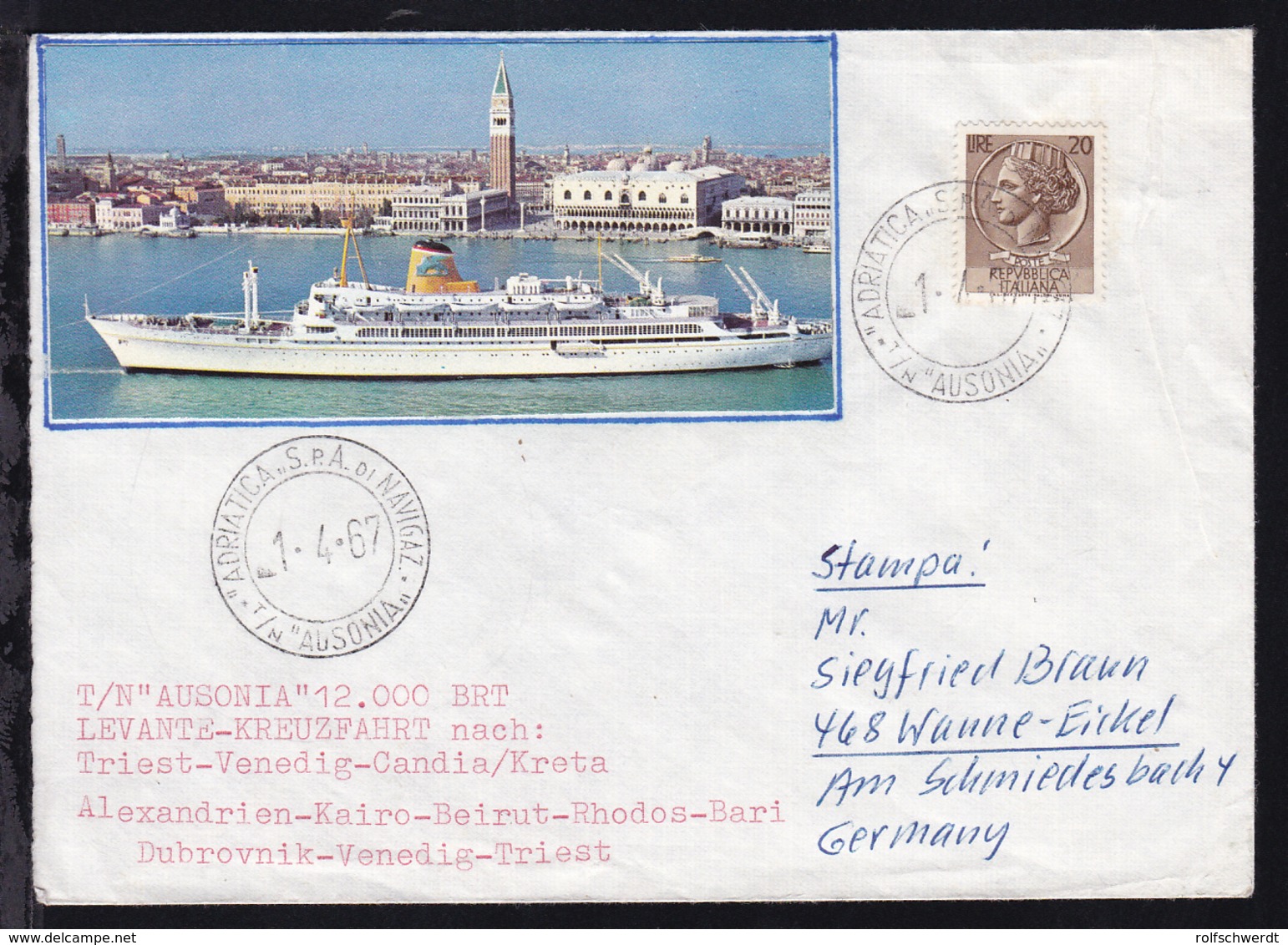 ADRIATICA S.P.A. DI NAVIGAZ. "AUSONIA" 1.4.67 Auf Brief Mit Aufgeklebtem  - Sonstige & Ohne Zuordnung