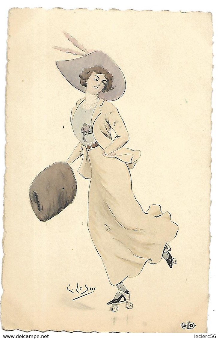 ILLUSTRATEUR LESUR UNE FEMME ELEGANTE SUR PATINS A ROULETTES 1913 CPA 2 SCANS - Sonstige & Ohne Zuordnung