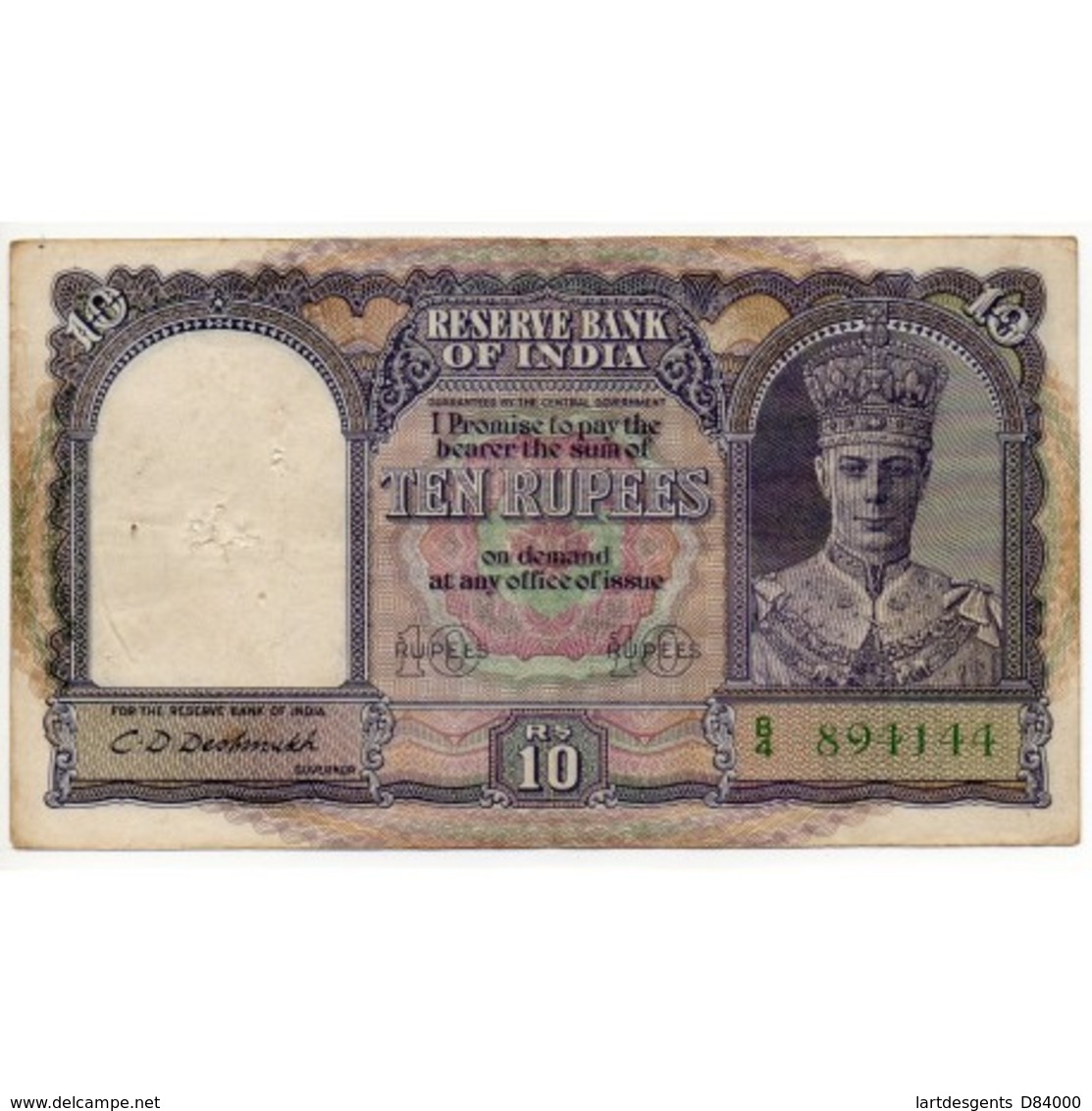 INDE 10 RUPEES 1943 (Pick 24) Etat TTB - Inde