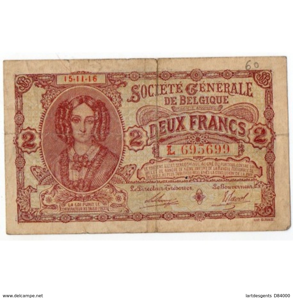 BELGIQUE Société Générale 2 FRANCS  15 Nov 1916 Pick 87 - Autres & Non Classés