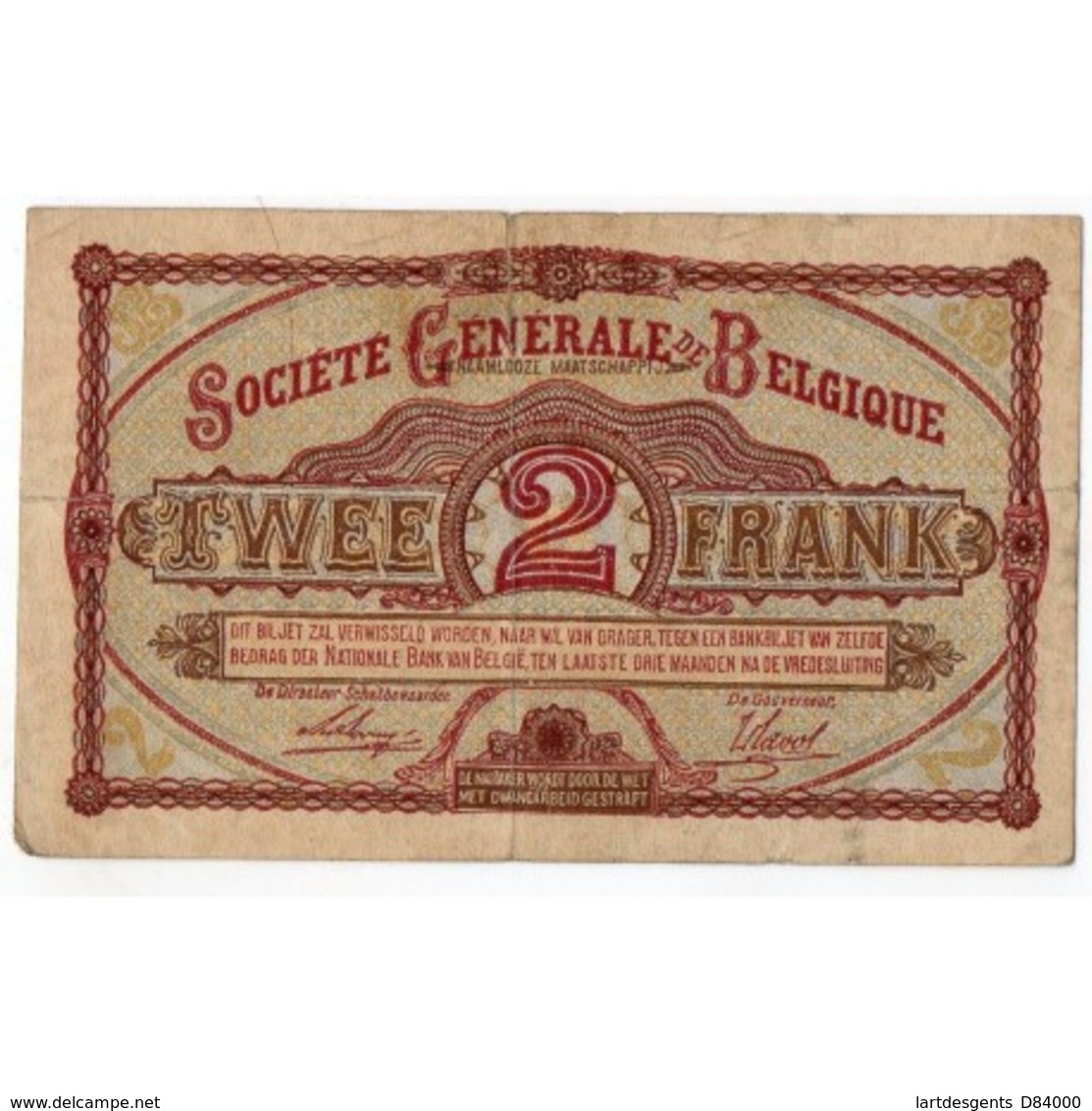 BELGIQUE Société Générale 2 FRANCS  15 Nov 1916 Pick 87 - Autres & Non Classés