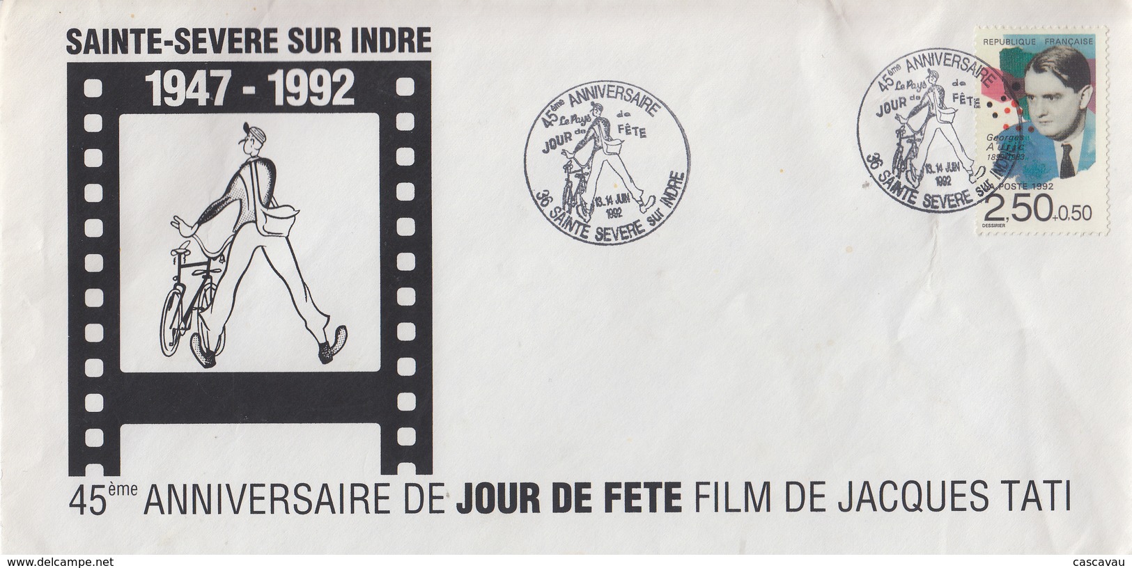 Enveloppe   FRANCE  45éme  Anniversaire  Du   Film   JOUR  DE  FETE    SAINT  SEVERE  SUR  INDRE    1992 - Kino