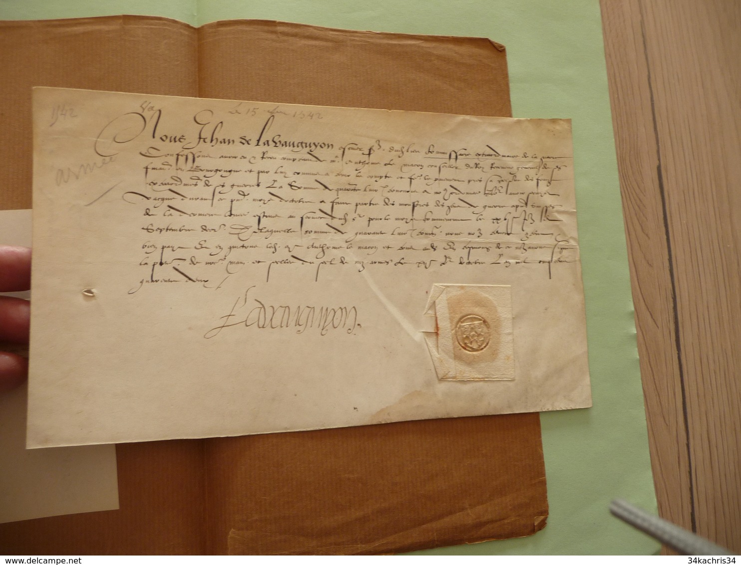 Armée De Bourgogne Pièce Velin Signée 15/09/ 1542 + Sceau Sous Papier Jehan De Vauguyon écuyer Quittance Paiement Troupe - Documents