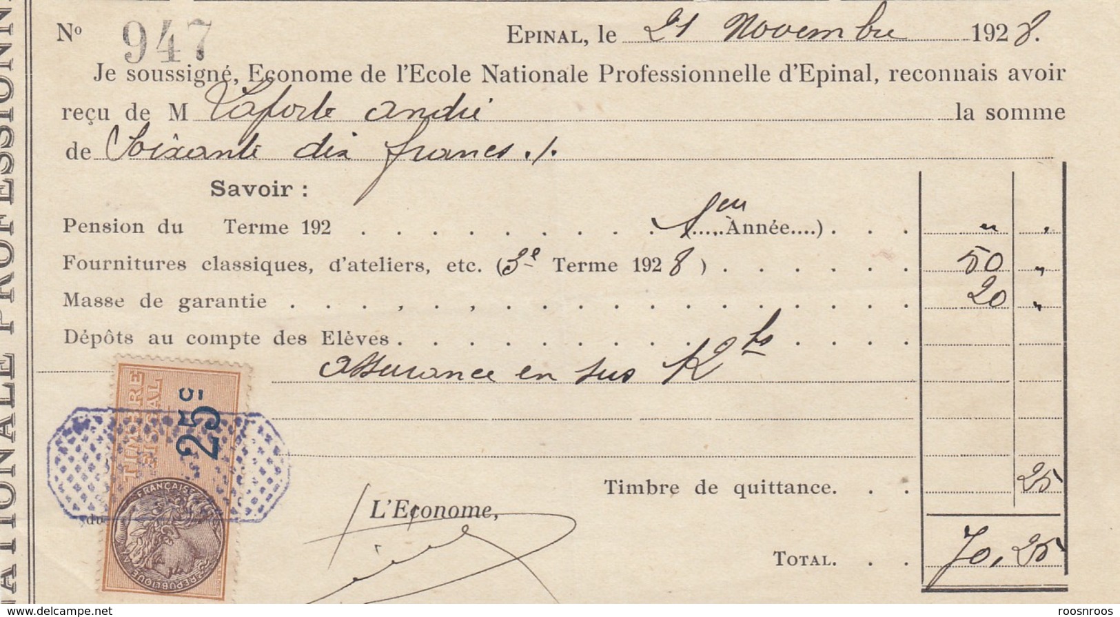 FISCAL SUR RECU ECOLE NATIONALE PROFESSIONNELLE D'EPINAL 1928 - Briefe U. Dokumente