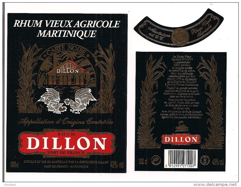 Etiquette   RHUM  Vieux Agricole DILLON - 43° 100cl - Carte Noire -  A.O.C. -  MARTINIQUE - - Rhum