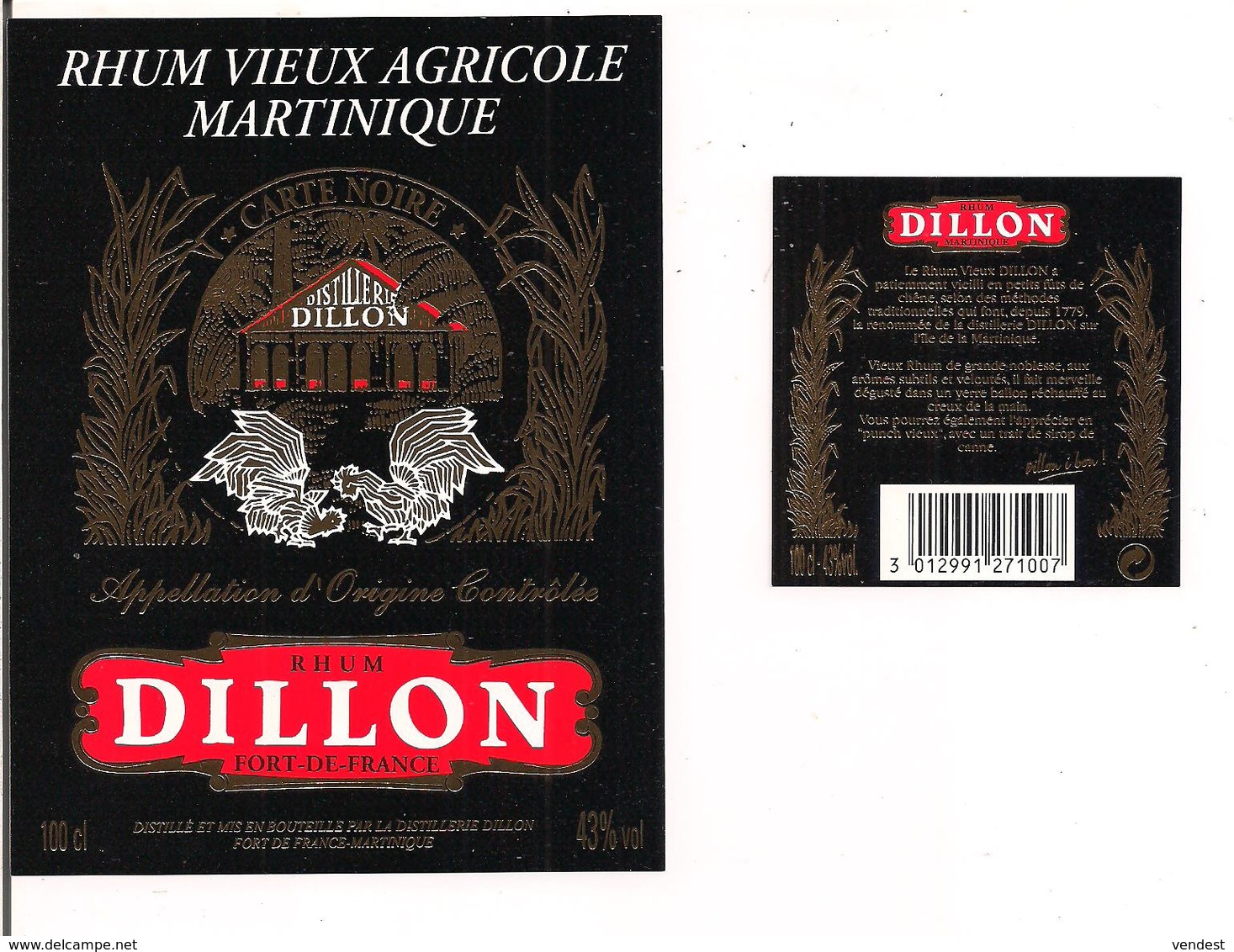 Etiquette   RHUM  Vieux Agricole DILLON - 43° 100cl - Carte Noire -  A.O.C. -  MARTINIQUE - - Rhum