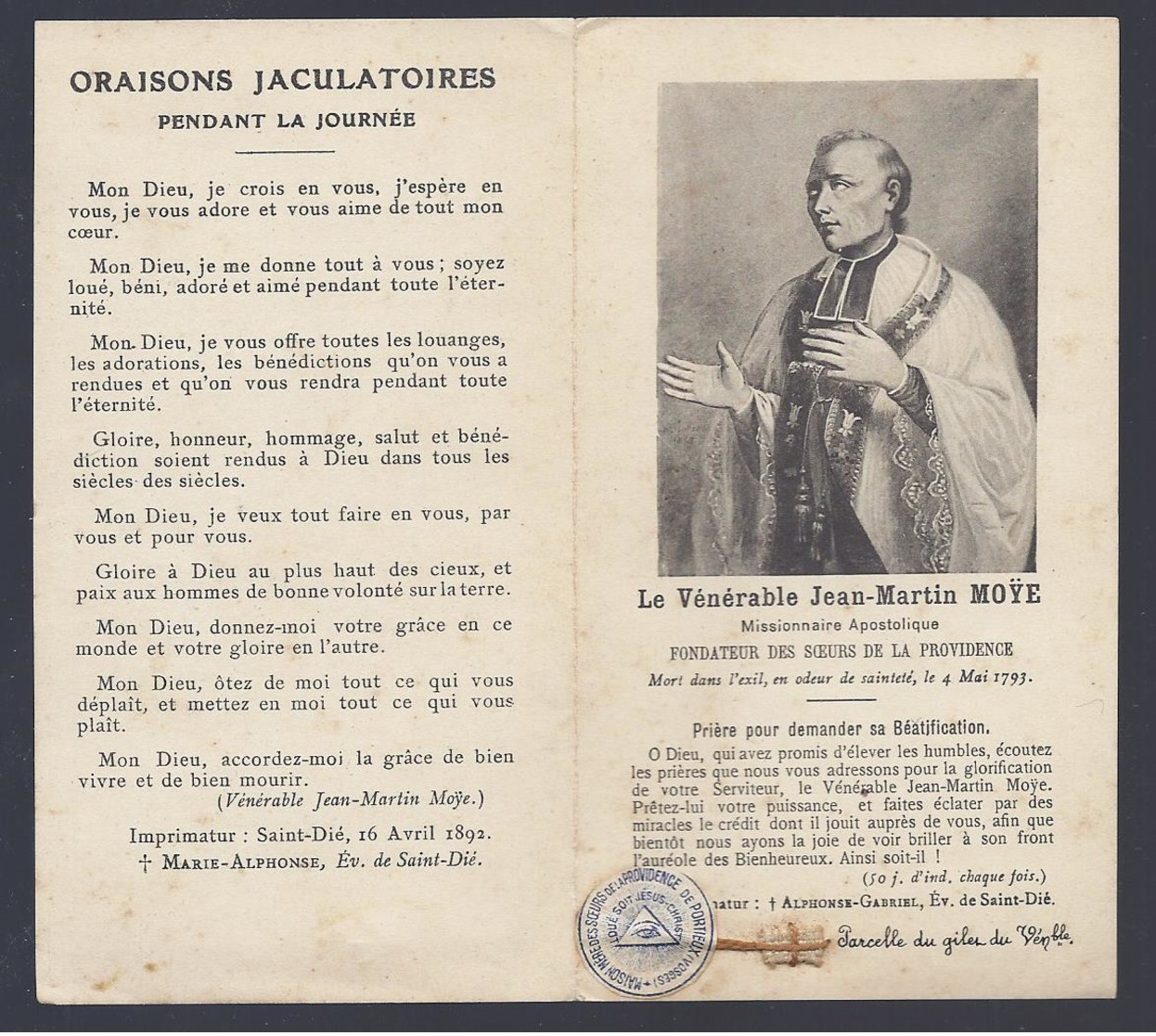 RELIQUIA RELIC RELIQUARY RELIKWIE 1892 LE VENERABLE JEAN-MARTIN MOYE MISSIONNAIRE APOSTOLIQUE FONDATEUR DES SOEURS DE LA - Religion & Esotérisme