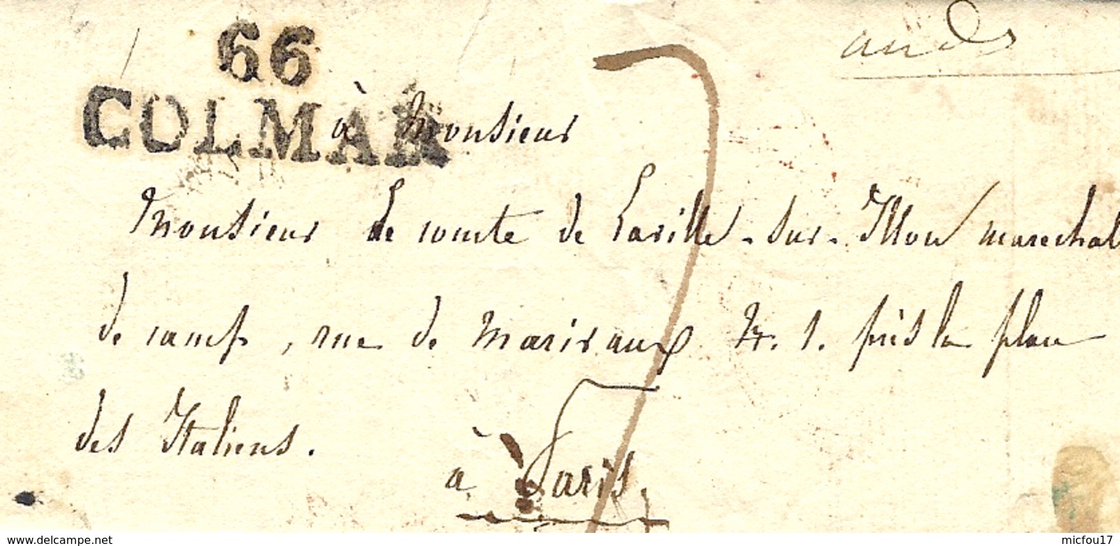 1828- Lettre De 66 / COLMAR ( Haut-Rhin ) 35 X 12 1/2 Noir  Taxe 7 D. Pour Paris - 1801-1848: Précurseurs XIX