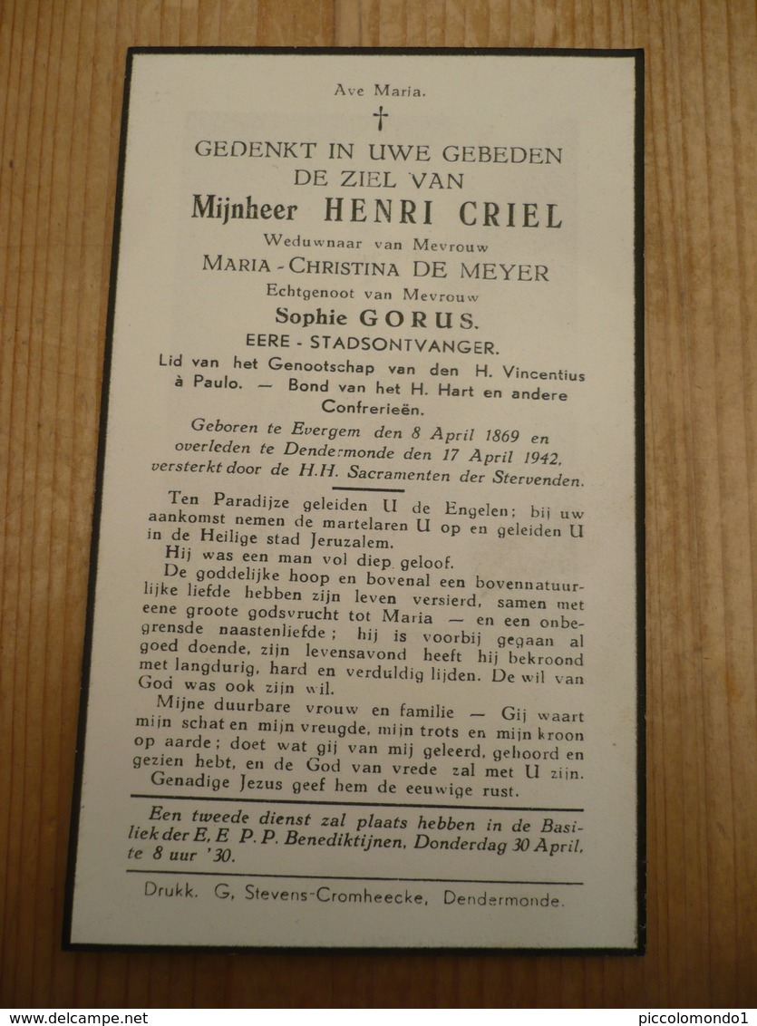 Evergem Dendermonde Henri Criel 1869 1942 - Devotieprenten