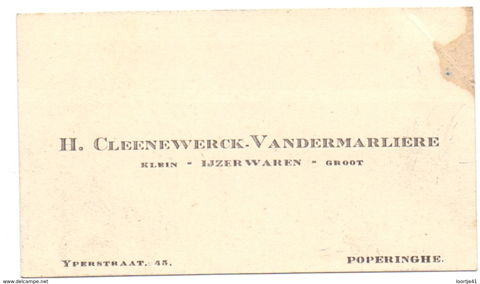 Visitekaartje - Carte Visite - IJzerwaren H. Cleenewerck - Vandermarliere - Poperinge - Tarjetas De Visita