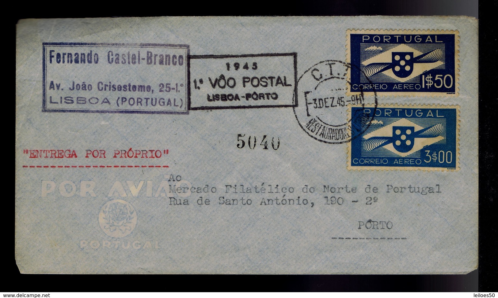 Portugal First Flight 1º VOO POSTAL ( LISBOA - PORTO ) Airmail 1945 #9930 - Lettres & Documents