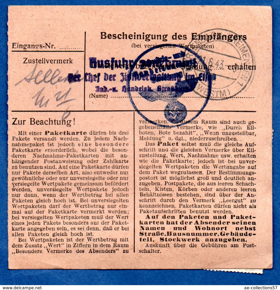 Colis Postal  - Départ Strasburg-Schiltigheim  -  18/06/1943 - Covers & Documents