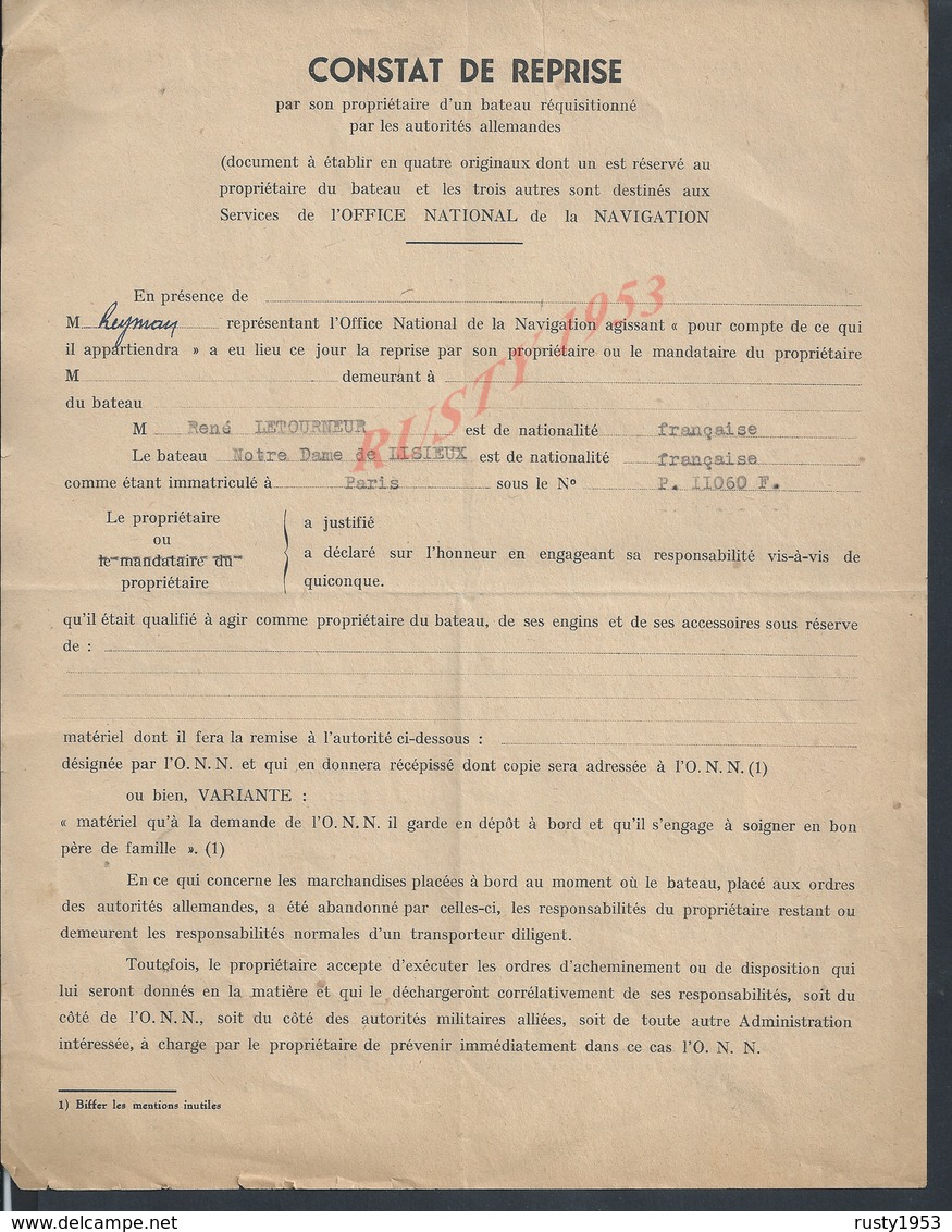 MILITARIA MARINE RARE DOSSIER 1945  DU BATEAU NOTRE DAME DE DE LISIEUX CONSTAT DE REPRISE CLAMART OFFICE DE NAVIGATION - 1939-45