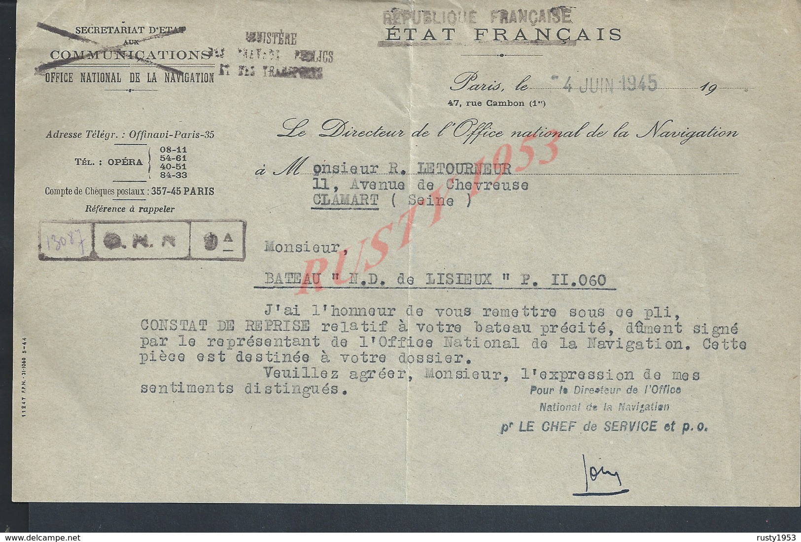 MILITARIA MARINE RARE DOSSIER 1945  DU BATEAU NOTRE DAME DE DE LISIEUX CONSTAT DE REPRISE CLAMART OFFICE DE NAVIGATION - 1939-45