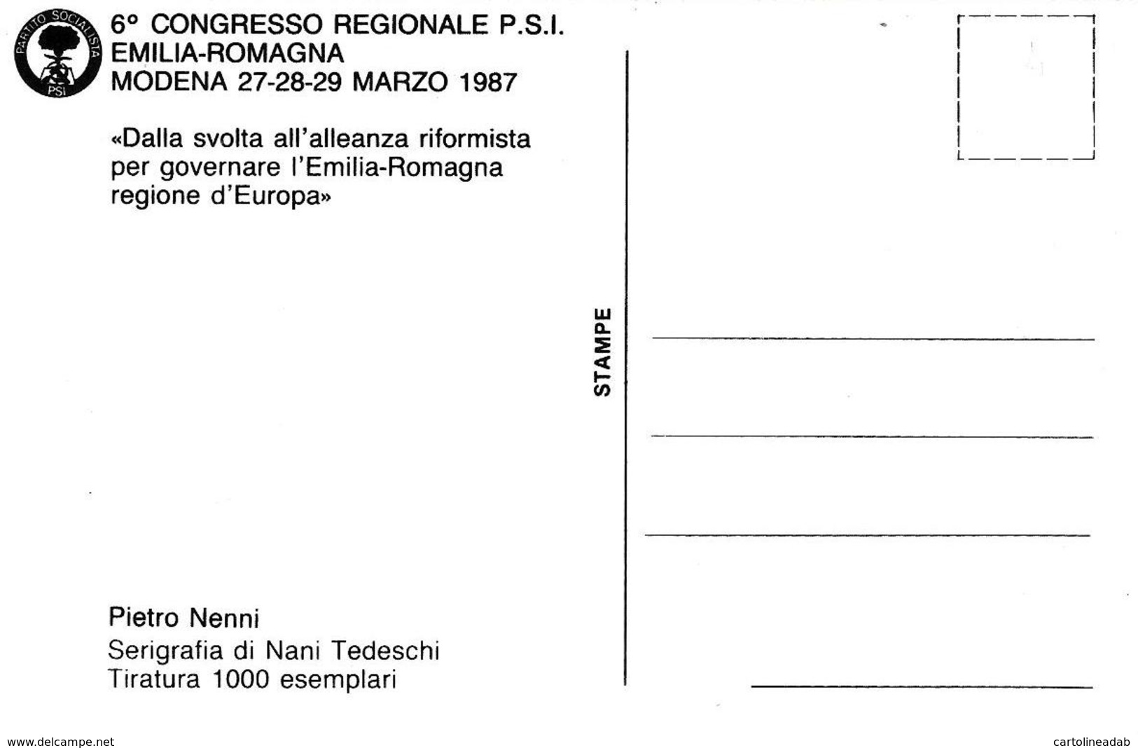 [MD2726] CPM - 6° CONGRESSO REGIONALE PSI EMILIA ROMAGNA - MODENA 1987 - PIETRO NENNI - ILL. NANI TEDESCHI - NV - Eventi