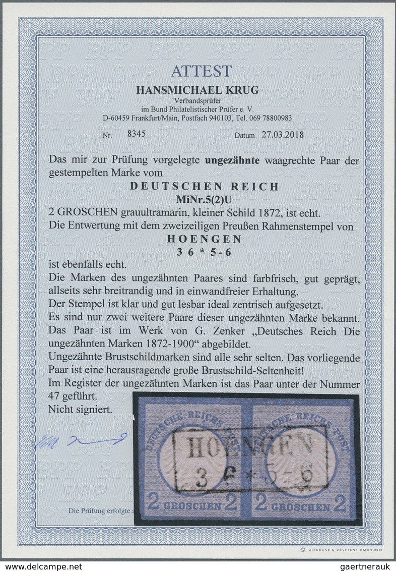 Deutsches Reich - Brustschild: 1872, 2 Gr. Grauultramarin Kleiner Schild UNGEZÄHNT Im Waagerechten P - Usados