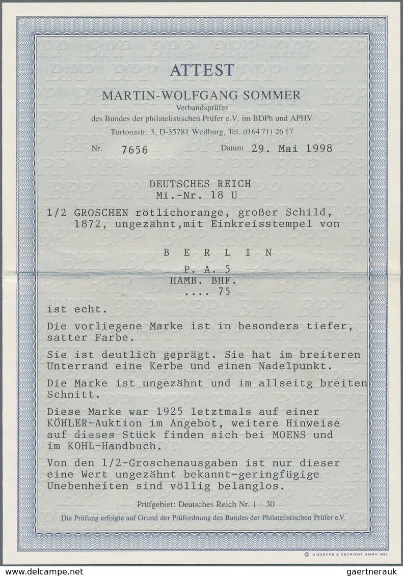 Deutsches Reich - Brustschild: 1872, ½ Gr. Orange Großer Schild UNGEZÄHNT, Entwertet Mit Einkreisste - Usados