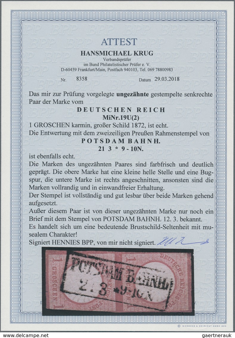 Deutsches Reich - Brustschild: 1872, 1 Gr. Karmin Großer Schild UNGEZÄHNT Im Senkrechten Paar, Entwe - Gebruikt