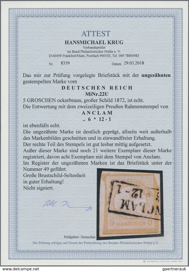 Deutsches Reich - Brustschild: 1872, 5 Gr. Ockerbraun Großer Schild UNGEZÄHNT Auf Briefstück, Entwer - Gebruikt