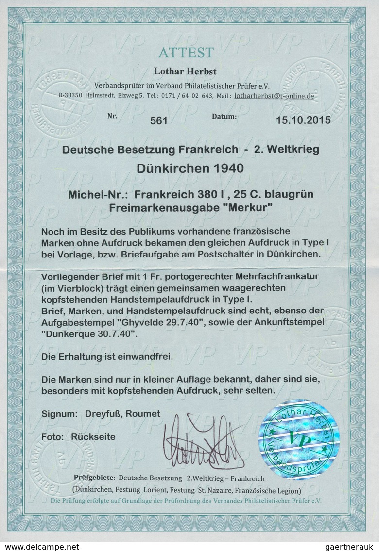 Dt. Besetzung II WK - Frankreich - Dünkirchen: 1940, 25 C Schwärzlichopalgrün "Merkurkopf", Viererbl - Besetzungen 1938-45