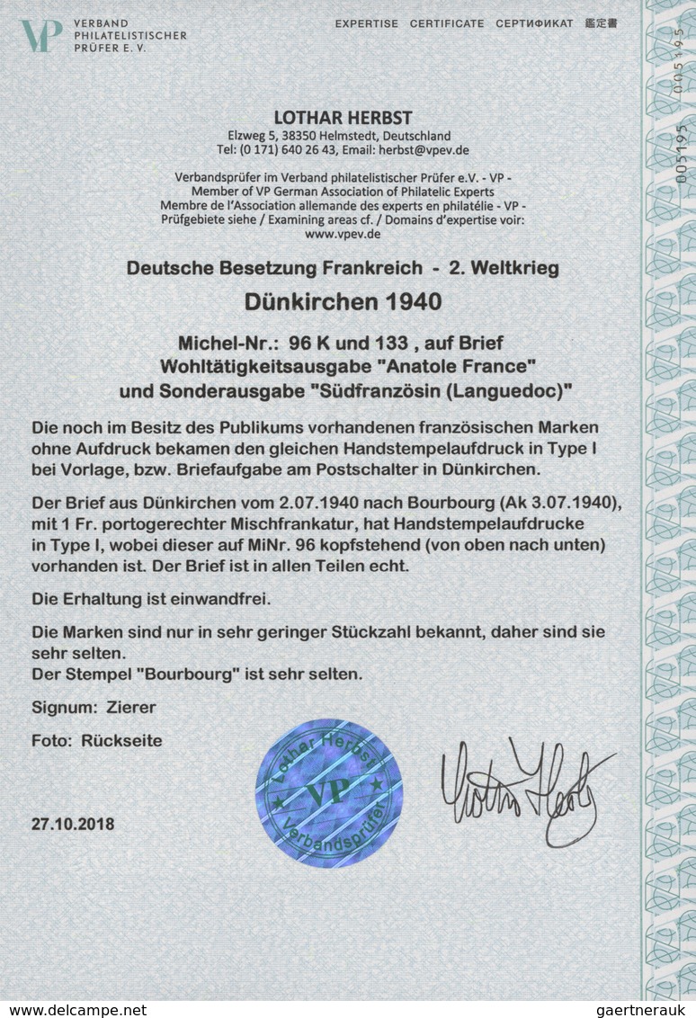 Dt. Besetzung II WK - Frankreich - Dünkirchen: 1940, 30 C + 10 C Dunkelkarminbraun "Anatol France" U - Besetzungen 1938-45