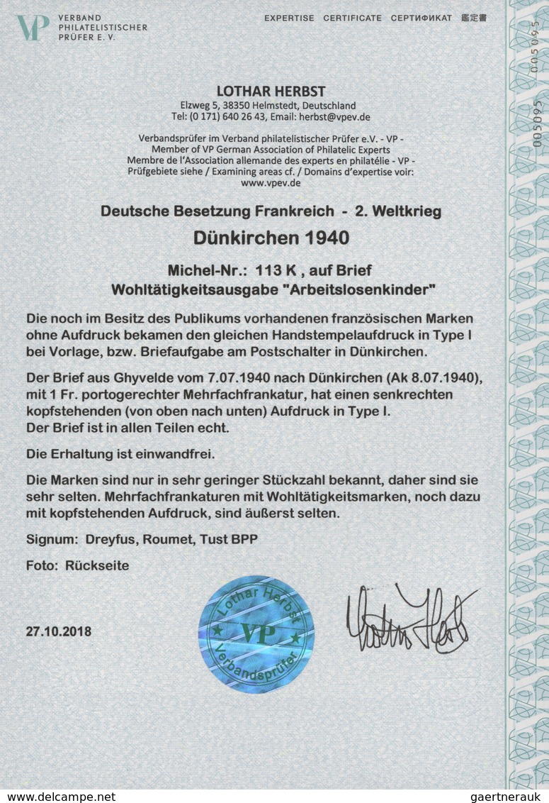 Dt. Besetzung II WK - Frankreich - Dünkirchen: 1940, 50 C + 10 C Dunkelbräunlichrot "Arbeitslosenkin - Bezetting 1938-45