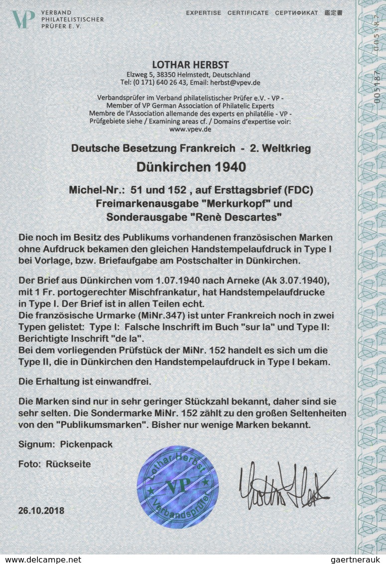 Dt. Besetzung II WK - Frankreich - Dünkirchen: 1940, 5 C Karmin "Merkurkopf", Waagerechtes Paar, Sow - Besetzungen 1938-45