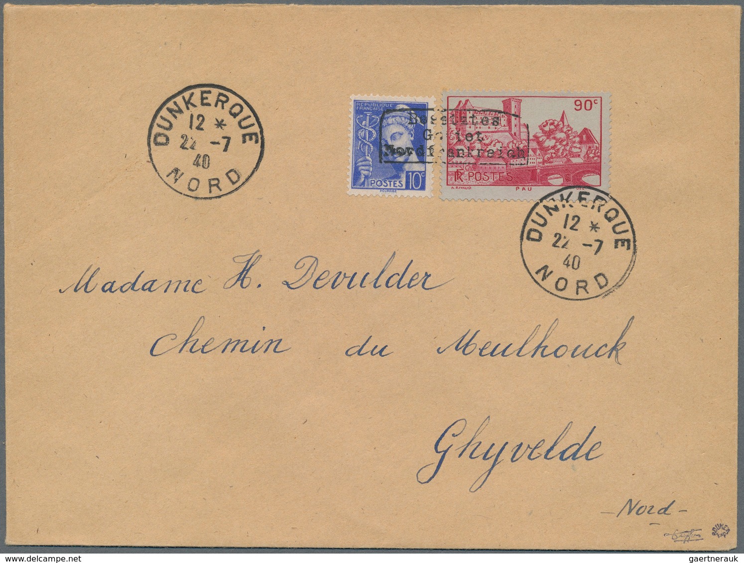 Dt. Besetzung II WK - Frankreich - Dünkirchen: 1940, 10 C Lebhaftlilaultramarin Freimarke "Merkurkop - Besetzungen 1938-45