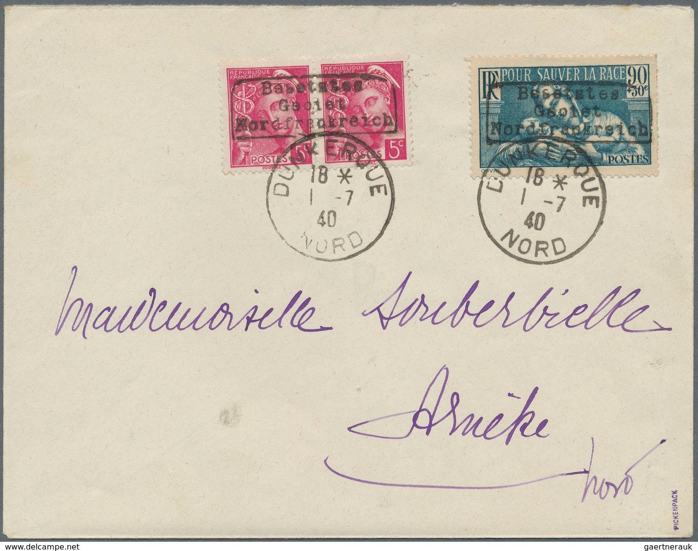 Dt. Besetzung II WK - Frankreich - Dünkirchen: 1940, 5 C Karmin "Merkurkopf", Waagerechtes Paar, Sow - Occupation 1938-45