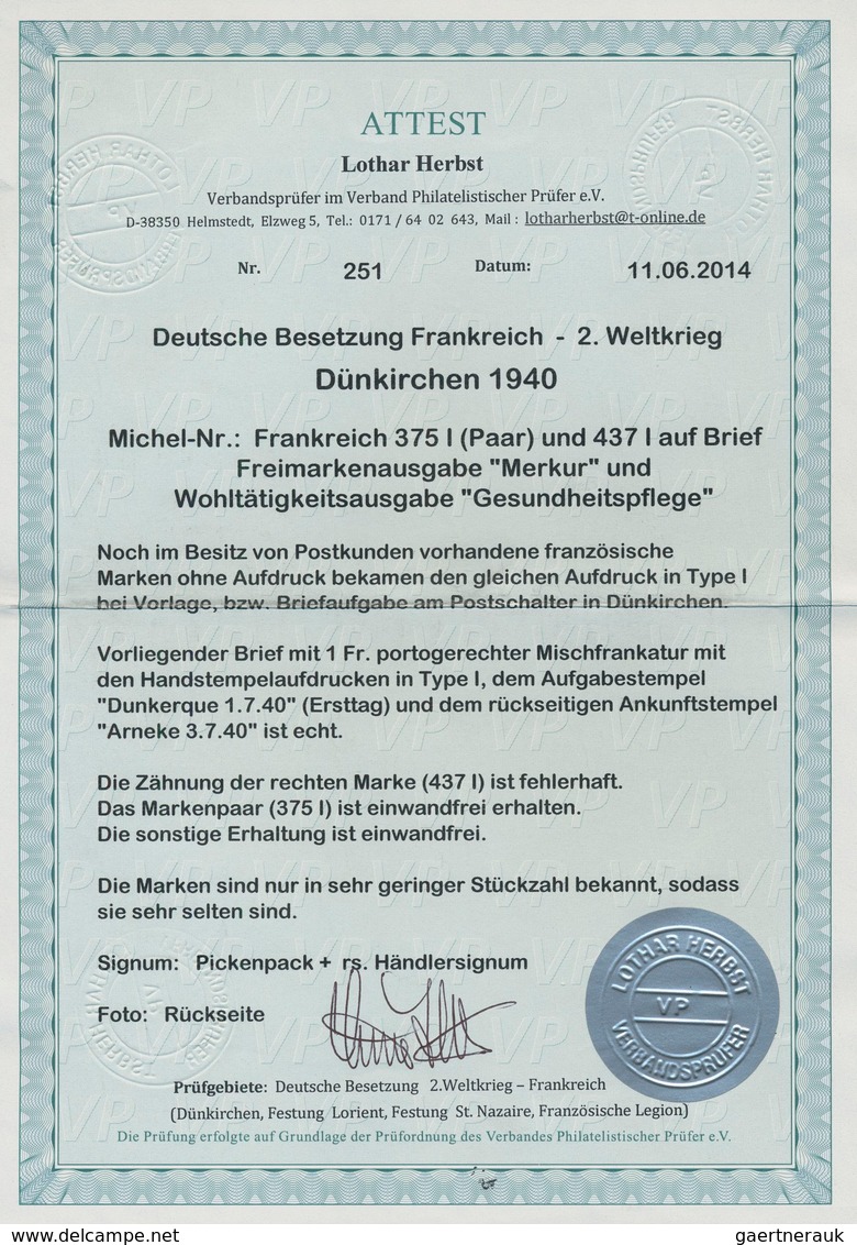 Dt. Besetzung II WK - Frankreich - Dünkirchen: 1940, 5 C Karmin "Merkurkopf", Waagerechtes Paar, Sow - Occupation 1938-45